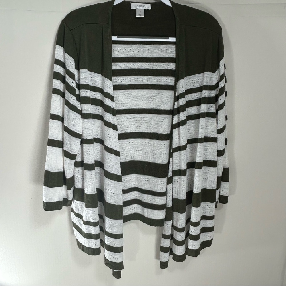 CJ Banks Olive Green and White Striped Lightweight 3/4 Length Sleeve Cardigan